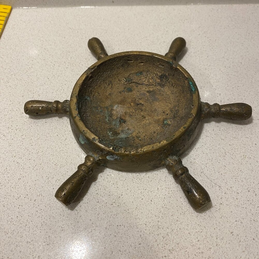 Vintage Brass Ship Wheel Tray: Nautical Trinket Dish